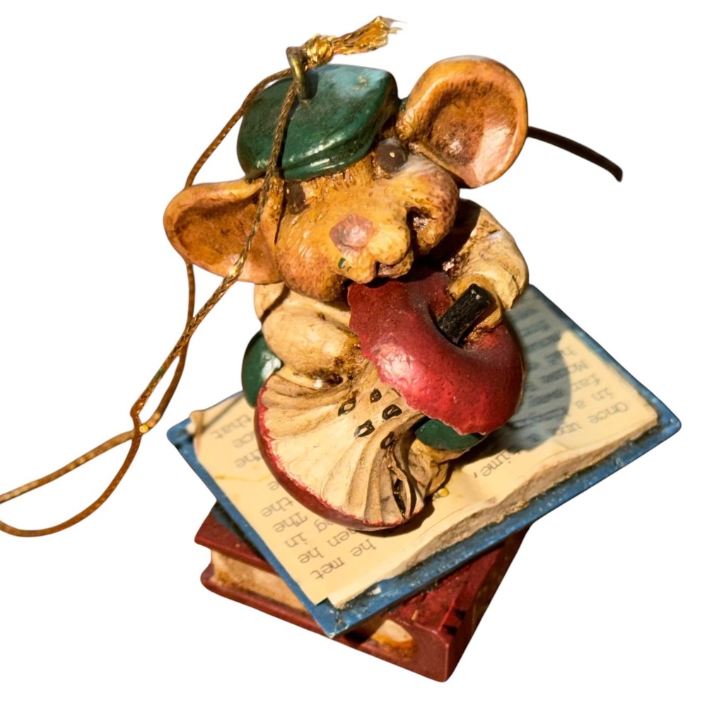 Kurt Adler Mouse Books Reading Christmas Ornament Apple Teacher Gift Resin 90s